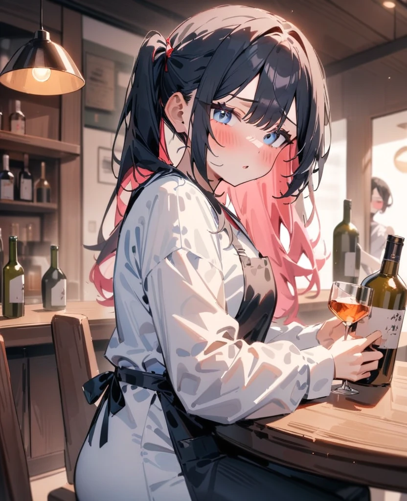 masterpiece, best quality, very aesthetic, absurdres, newest, 1girl, long hair, looking at viewer, blush, blue eyes, multiple girls, shirt, black hair, holding, 1girl, twintails, sitting, white shirt, pink hair, indoors, apron, cup, table, bottle, alcohol, drinking glass