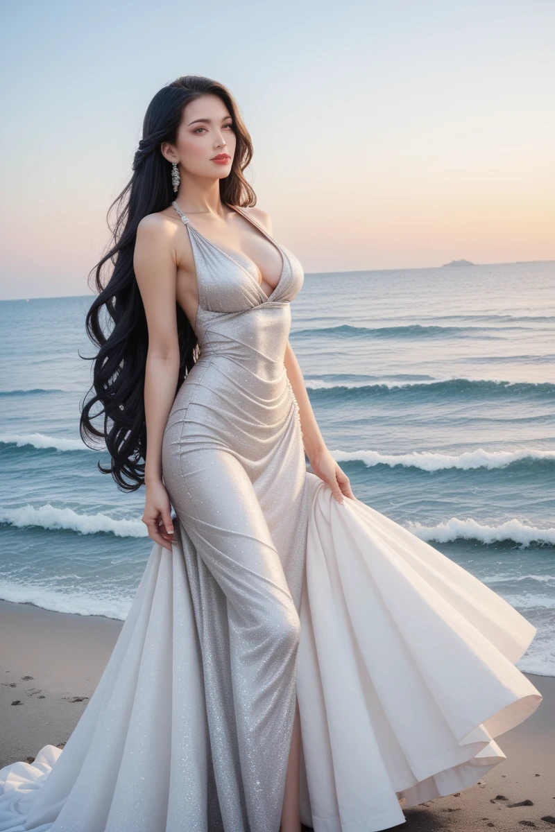 ,score_9,score_8_superior,score_7_superior, 20-year-old, 8k, High resolution, beautiful girl, Black Hair, Very long hair, Straight hair,
One girl, Detailed face, Beautiful woman face, Evening Dress,evening dress,Evening Dresses, Ocean, View your viewers,