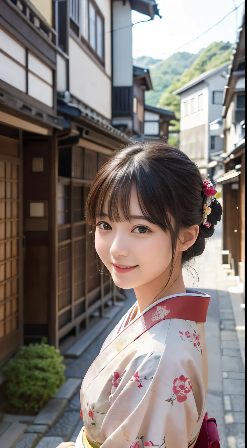 Professional Lighting,(Photorealistic:1.4), (Top image quality:1.0), (超A high resolution:1.0), 8k, Raw photography, (masterpiece:0.2), (Facing the children_v1:0.5)、(最高quality Detail:1.2)、Realistic、8K Ultra HD、High resolution、(1 girl:1.2)、超detailedな、High quality textures、複雑なdetailed、detailed、Very detailed CG、High quality shadows、detailed 美しく繊細な顔、Beautiful details and a delicate eye、(Symmetrical eyes:1.2),Written boundary depth、Ray Tracing,1 girl, Japanese Girls, (Natural smile:1.4),cute, thin, Portrait of a beautiful Japanese woman in a kimono, Standing elegantly on a street corner in Kyoto. Kimono with vibrant traditional patterns, Hair decorated with elegant and delicate hairpins, Gentle expression. (With the old streets of Kyoto in the background:1.4)、The soft light of a spring afternoon、Adding tranquility to the scene. Rendered in a Realistic style with great attention to detail, High resolutionの画像.Sky Porn, Magic Hour, (Realistic:1.3), finely, quality, (Tabletop:1.2), (Realistic:1.2), (最高quality), (複雑なdetailed), dramatic, Ray Tracing, photograph, +roller