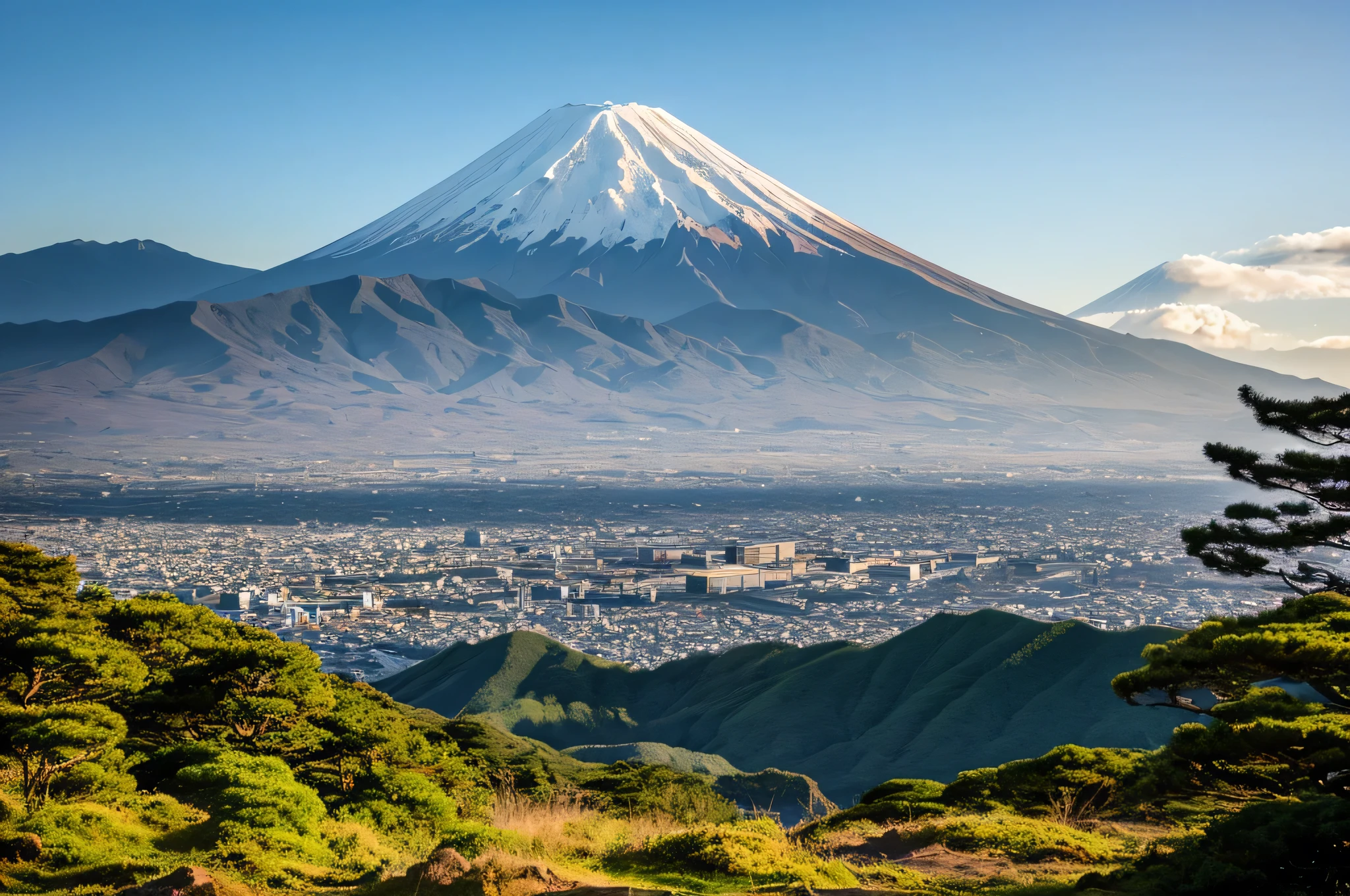 RAW photo of mount. Fuji Mountain, mount. Fuji Mountain one, We don&#39;t need another mountain, Delicate, beautiful and realistic, detailed, Realistic, Ultra-realistic photos, 8K Ultra HD, Digital SLR, Sunny spring mountain, high quality, Film Grain, Fujifilm XT3, (masterpiece), majestic mount. Daisen, mount. Fuji Mountain reflected on the surface of the lake, Cherry blossoms are beautiful, The morning sun overlaps,