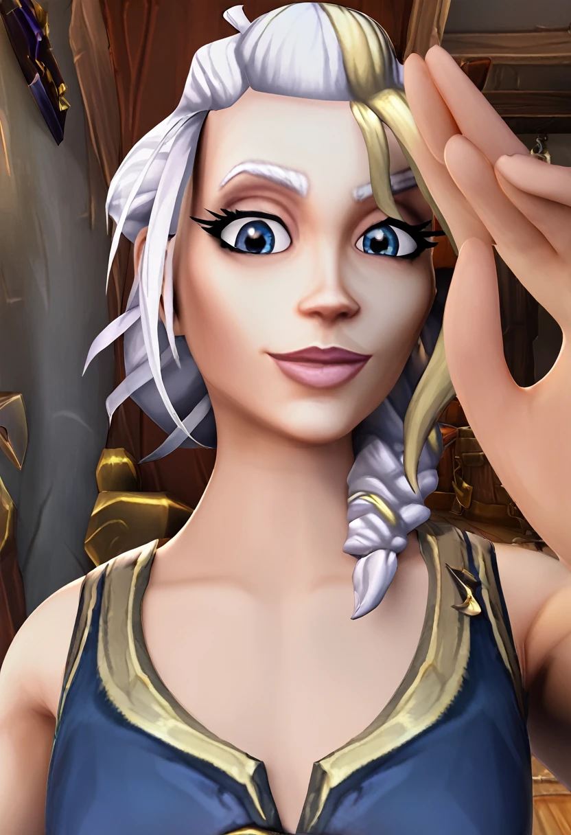 Jaina proudmoore, (SFW), masterpiece, best quality, highres 64k, professional artwork, famous artwork, clean, cinematic lighting, beautiful eyes + detail, beautiful hair + detail, (cute young female body:1.4), (cute small breasts), , happy:1.3, smile:1.3, sexy looking at the viewer, sexy lips, floating hair,Anosillus ii,  ((tfg1:1.5)), indoors, doorway,  door open, from above