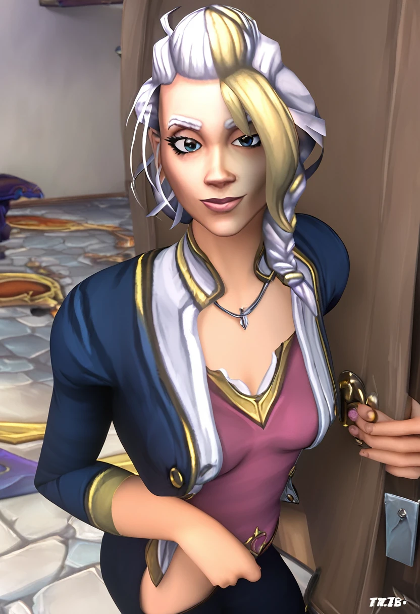 Jaina proudmoore, (SFW), masterpiece, best quality, highres 64k, professional artwork, famous artwork, clean, cinematic lighting, beautiful eyes + detail, beautiful hair + detail, (cute young female body:1.4), (cute small breasts), , happy:1.3, smile:1.3, sexy looking at the viewer, sexy lips, floating hair,Anosillus ii,  ((tfg1:1.5)), indoors, doorway,  door open, from above