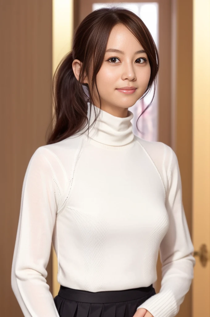 nsfw:1.5, ((one girl, full body shot, Shooting from the front:1.5)),(Black long skirt, White turtleneck sweater:1.5), (Sitting upright in a Japanese-style room, Japanese style room background:1.2),8k, (A woman who is 155 cm tall, brush face),(Side ponytail hair:1.4), Tabletop, RAW Photos, Highest quality, Realistic, Highly detailed CG Unity 8k wallpaper, Depth of written boundary, Cinematic Light, Lens flare, Ray Tracing, (Very beautiful face, Beautiful Lips, Beautiful Eyes), Exquisitely detailed face, ((Highly detailed skin)) One Girl, In the Dark, Deep Shadow, Cute Japanese Girl, ((1 Girl)), (Very slim, lean and muscular body:1.3),((View your viewers)),(A shy smile:1.3),(Blurred Background),(No people in the background:1.3), Clear Eyes, (Pale skin), (Big eyes),(Brown Hair),D cup breasts