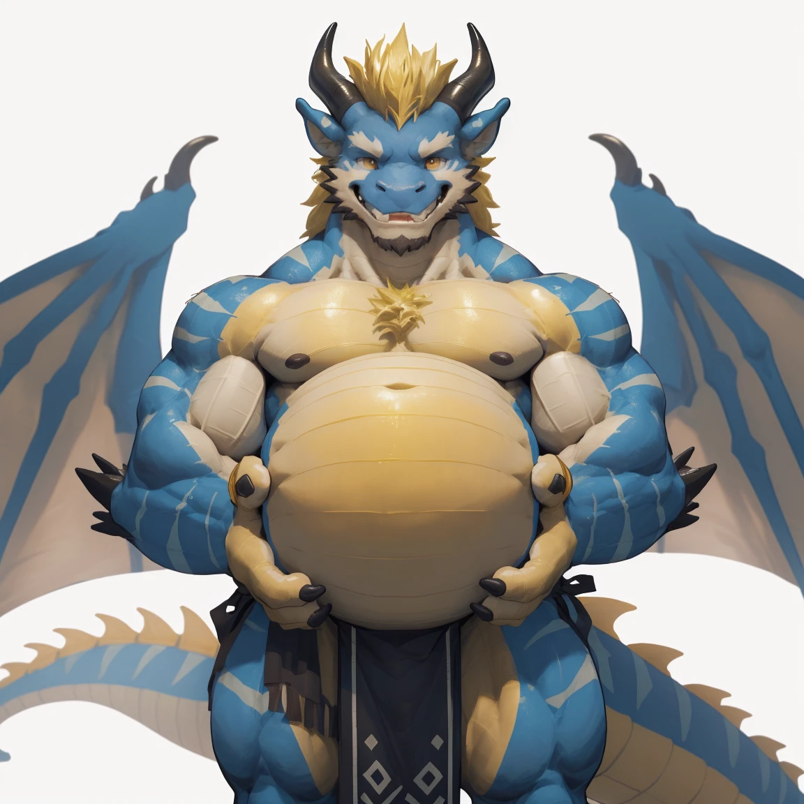 masterpiece，best quality，8k resolution，Very detailed，hairy，((Red Dragon Man))，muscle，(((blonde)))，Strong，超大muscle， ((Golden Eyes))，portrait，((Shirtless))，((Simple background))，((solitary))，(((red wings)))，(((Loincloth))),(((Crotch bulge)))，Most of the body is red，(((lower jaw，White abdomen and front of belly))),(((Yellow hair at the end of the tail))),(((Blue stripes on arms and chest))),(((There are two layers of head angle,Dark blue and brown))),(((Yellow hair under the head，There are yellow scales between the two horns.))),(((Nose yellow)))，(((There are two blue scales under the ears)))，(((There is a gold ring on the tail)))。(((Feather)))