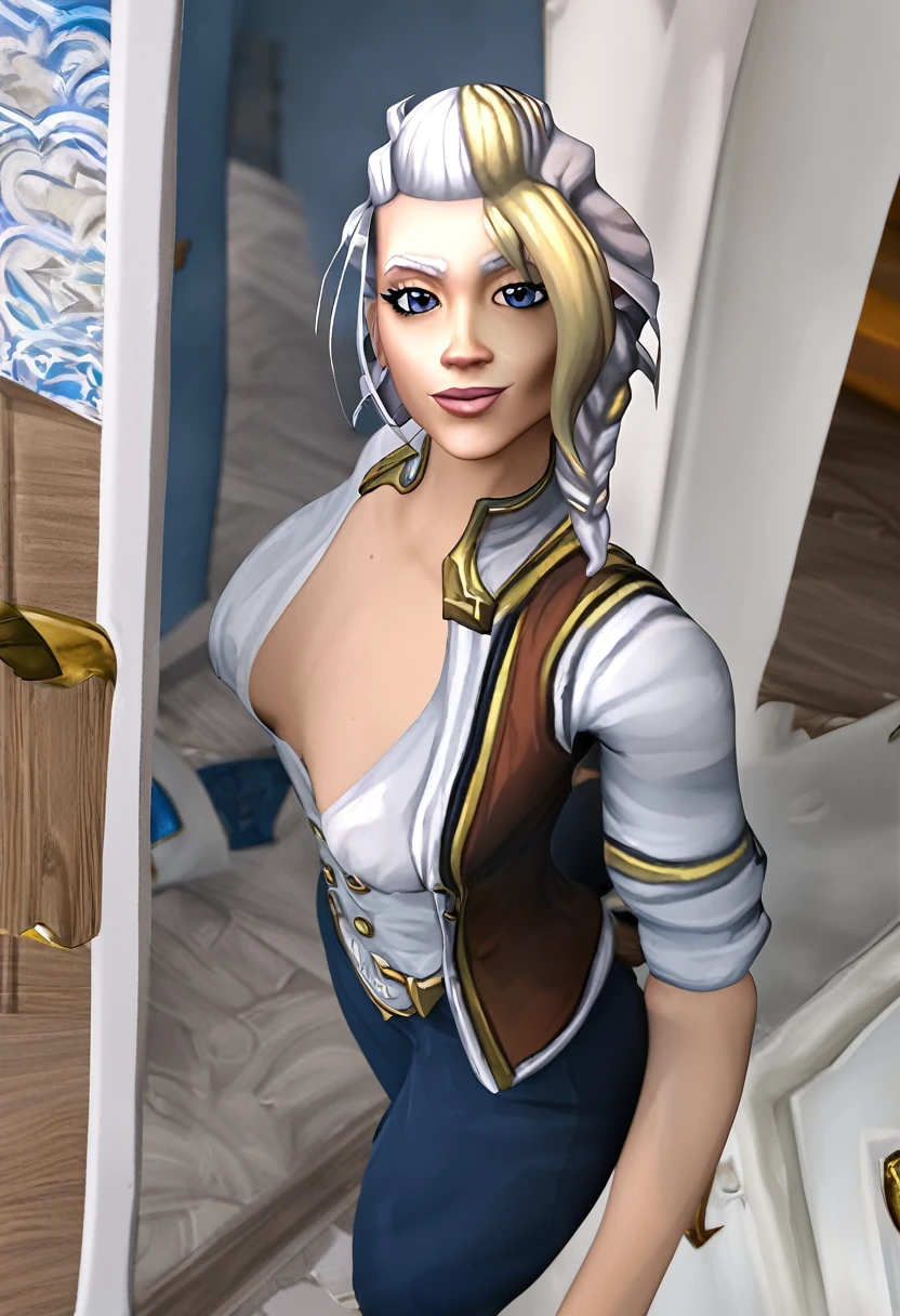 Jaina proudmoore, (SFW), masterpiece, best quality, highres 64k, professional artwork, famous artwork, clean, cinematic lighting, beautiful eyes + detail, beautiful hair + detail, (cute young female body:1.4), (cute small breasts), , happy:1.3, smile:1.3, sexy looking at the viewer, sexy lips, floating hair,Anosillus ii,  ((tfg1:1.5)), indoors, doorway,  door open, from above