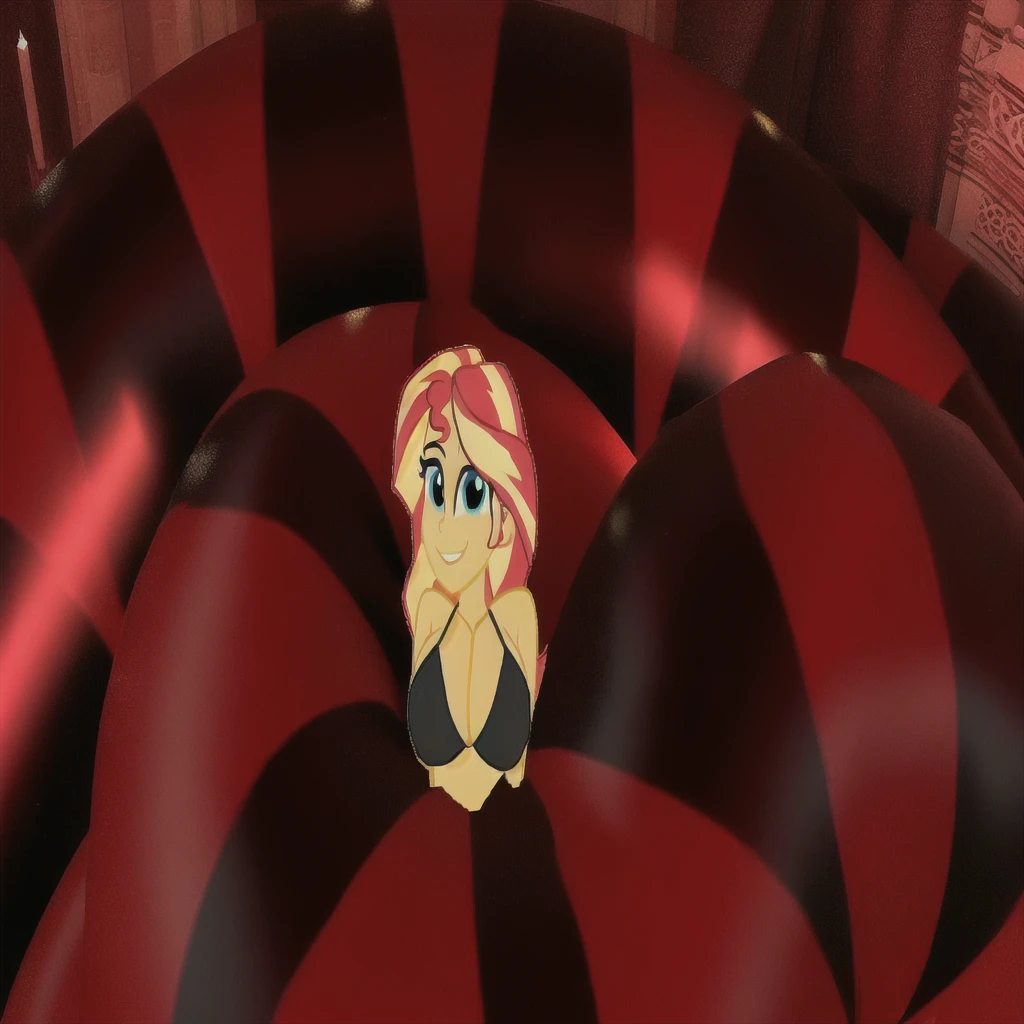 there is a cartoon picture of a woman in a red and black striped room, fan art, sunset!, dreamcore looking, pudica pose, bust shot, sun behind her, sitting in her room, sfw version, poppy, anthropomorphic mare, mlp fanart, barrel chested, pinky pie my little pony, high quality fanart, doing a hot majestic pose