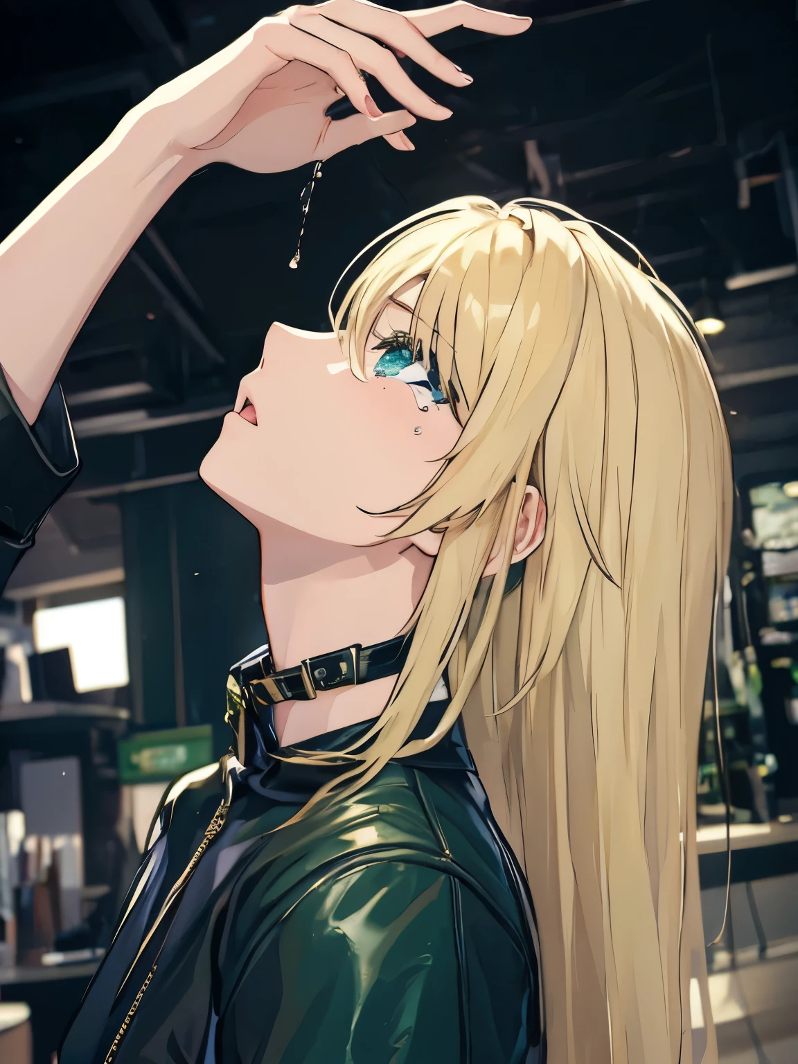 profile、Black Tears、Korean、1 girl、blonde、amount、Green Leather Shirt、Raise your collar、Look up、