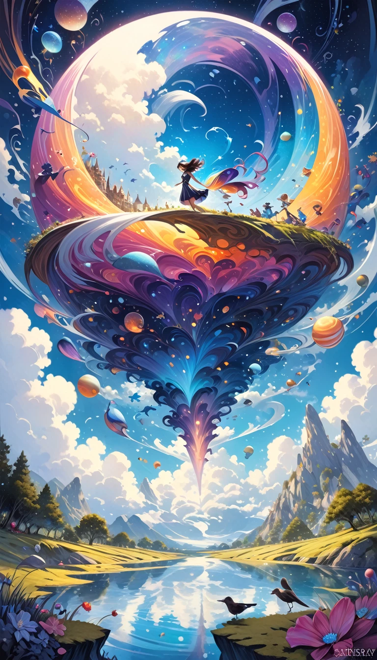 In a whimsical, colorful cartoon world, a kaleidoscope of flying objects swirls against surreal landscapes, inspired by the ethereal sounds of Midnight Tunes. Gentle mews and epic dreams converge as vibrant colors and exaggerated shapes come alive. A fantastical realm unfolds, reminiscent of Etam Cru's distinctive art style. Against a backdrop of swirling clouds and starry skies, photorealistic concept art by Rebeca Saray and Brad Kunkle captures the magic of this world in motion. (art inspired in Bill Sienkiewicz). oil painting)