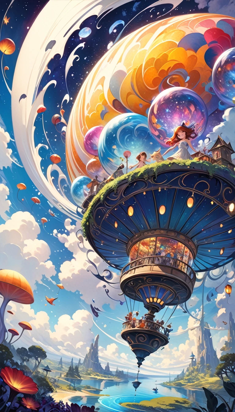 In a whimsical, colorful cartoon world, a kaleidoscope of flying objects swirls against surreal landscapes, inspired by the ethereal sounds of Midnight Tunes. Gentle mews and epic dreams converge as vibrant colors and exaggerated shapes come alive. A fantastical realm unfolds, reminiscent of Etam Cru's distinctive art style. Against a backdrop of swirling clouds and starry skies, photorealistic concept art by Rebeca Saray and Brad Kunkle captures the magic of this world in motion. (art inspired in Bill Sienkiewicz). oil painting) 