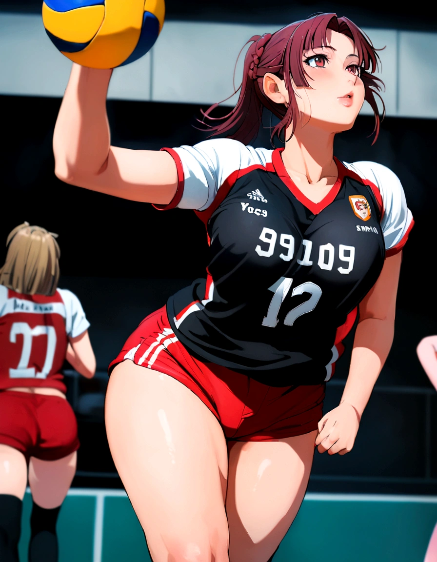 A woman wearing red shorts and a black shirt throwing a volleyball, Wearing a volleyball jersey, marin kitagawa, For whom?, mamimi samejima, Nishimiya Shoko, Low angle shot from behind, Masami Suda, Zhou Meiling, It's bittersweet, Kazami Yuuka, Over the shoulder shot, mao hamaguchi