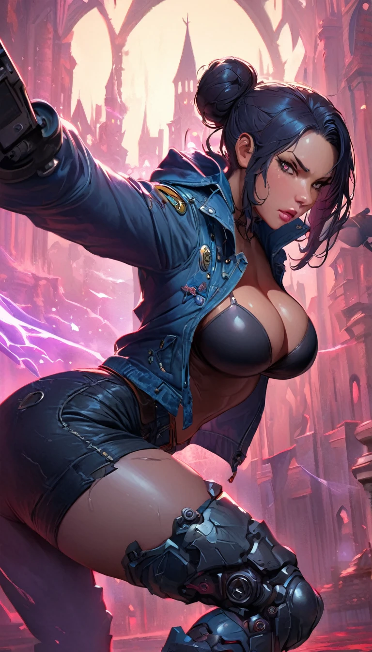 best quality,4k,8k,highres,masterpiece:1.2),ultra-detailed, extremely detailed eyes, extremely detailed body, (large masterpiece digital art), (detailed manga illustration), (detailed line art), ((perfect anatomy)), (intricate details:1.3), (ultra-detailed:1.3), (illustration:1.3), (sharp focus:1.3), (natural lighting:1.05), (vivid colors:1.3), (masterpiece), expressive eyes, perfect face, 1 girl, breasts, cleavage, gloves, large breasts, casual clothes, white shirt, tee shirt, denim jacket, jacket, {blue hair}, medium hair, wavy hair, (gray eyes), black denim shorts, shorts, dynamic pose, Huge ass, curvy, fur trim, hair bun, black ankle boots, cinematic lighting, heroic atmosphere, Beautiful woman, Atey Ghailan, Jeremy Mann, Greg Manchess, Antonio Moro, trend in ArtStation, trend in CGSociety, Intricate, High Detail, Sharp focus, dramatic and photorealistic painting art by Midjourney and Greg Rutkowski, Marvel Cinematic Universe style, (((mystical gothic castle in the background))),