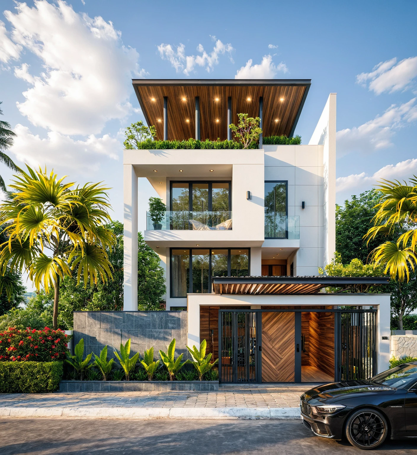 Masterpiece, high quality, best quality, authentic, super detailed, outdoor, aiaigroup, modern 2-storey townhouse style, stairs, white walls combined with conwood, wind encaustic tiles, iron gate, ceiling conwood, flowers, path, summer evening, grass, trees, sky, clouds, (daylight: 1.1)