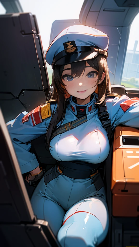 Inside the cockpit、Costumes、soldier、20-year-old、Asian、Large Breasts、smile。