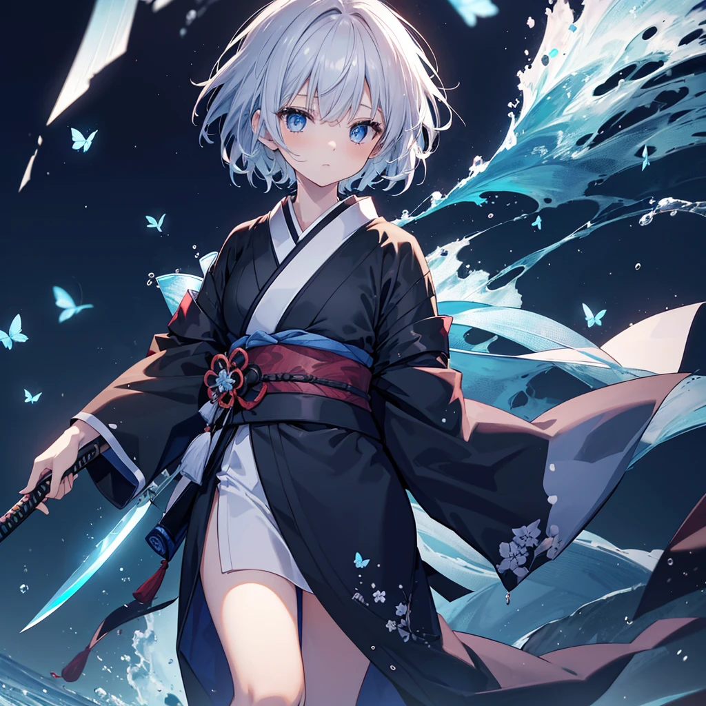 (((1 person))) ((High resolution Gray Hair short hair Black kimono Shoulder knifeを構える)) ((Black Band samurai Lonely despair blue eyes)) ((Blue Butterfly night Japanese style old Shining Aura garden water surface Catch the wind)) (dance 日本knife knife Slashing) moonlight star Draw your sword Shining Background Shining Edge