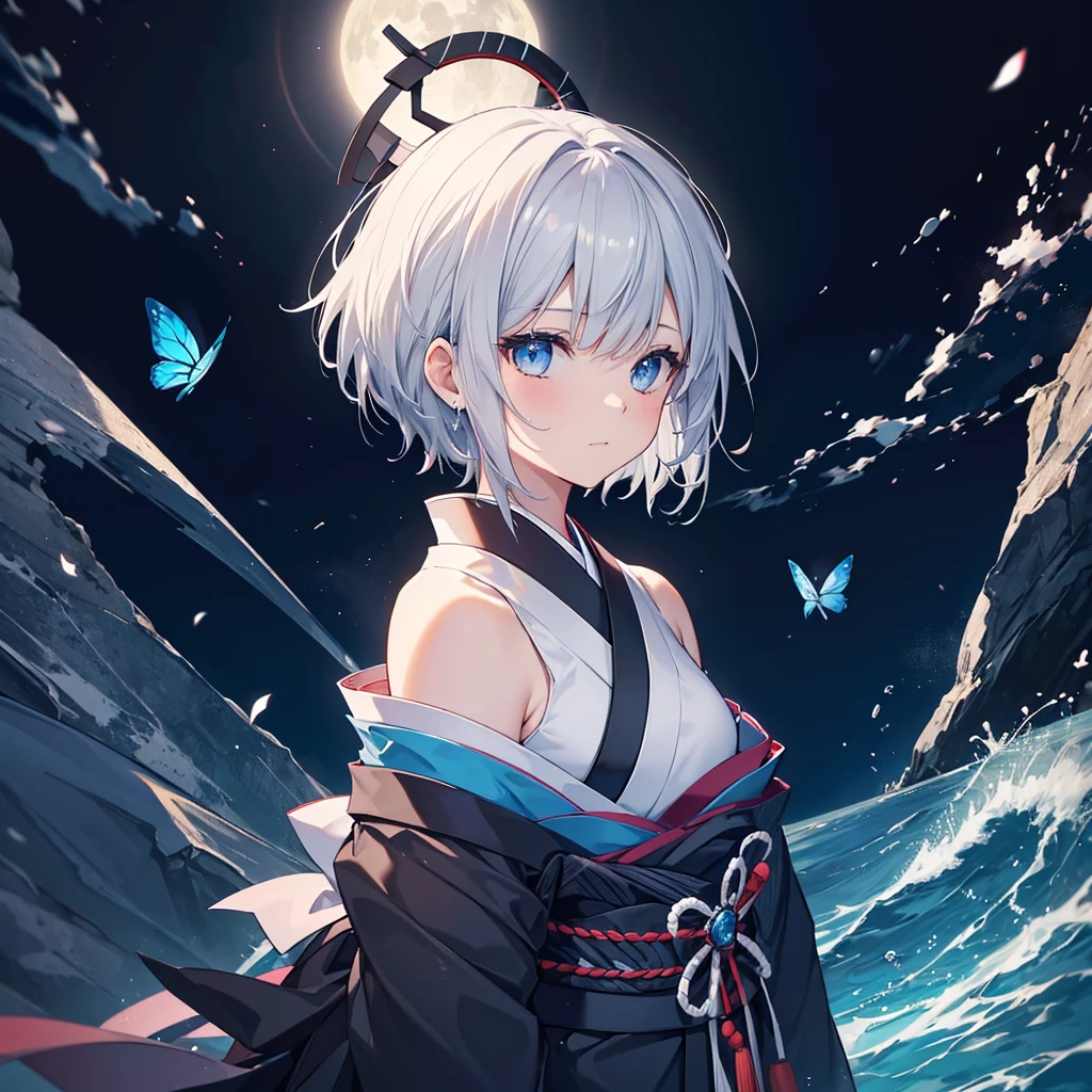 (((1 person))) ((High resolution Gray Hair short hair Black kimono Shoulder knifeを構える)) ((Black Band samurai Lonely despair blue eyes)) ((Blue Butterfly night Japanese style old Shining Aura garden water surface Catch the wind)) (dance 日本knife knife Slashing) moonlight star Draw your sword Shining Background Shining Edge