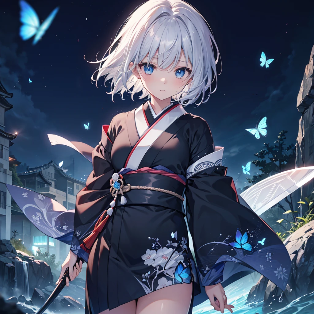 (((1 person))) ((High resolution Gray Hair short hair Black kimono Shoulder knifeを構える)) ((Black Band samurai Lonely despair blue eyes)) ((Blue Butterfly night Japanese style old Shining Aura garden water surface Catch the wind)) (dance 日本knife knife Slashing) moonlight star Draw your sword Shining Background Shining Edge