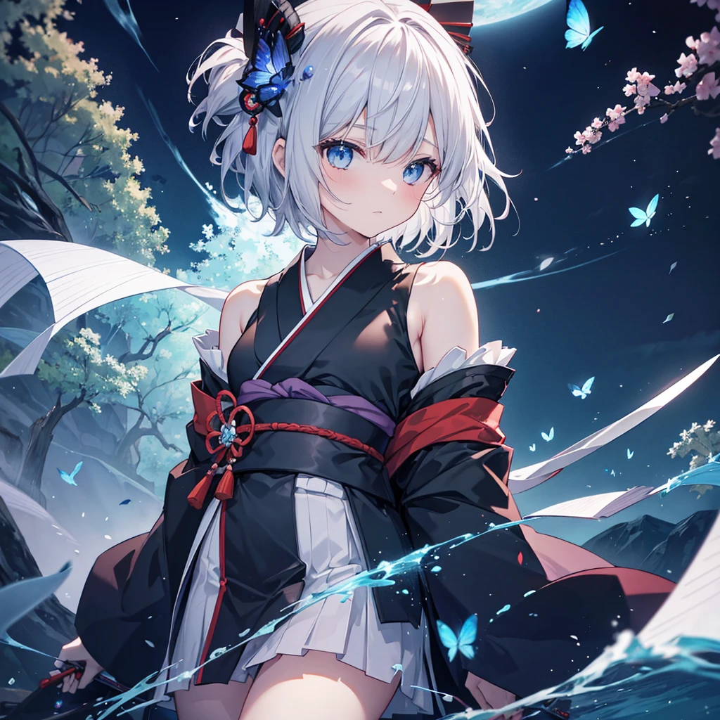 (((1 person))) ((High resolution Gray Hair short hair Black kimono Shoulder knifeを構える)) ((Black Band samurai Lonely despair blue eyes)) ((Blue Butterfly night Japanese style old Shining Aura garden water surface Catch the wind)) (dance 日本knife knife Slashing) moonlight star Draw your sword Shining Background Shining Edge