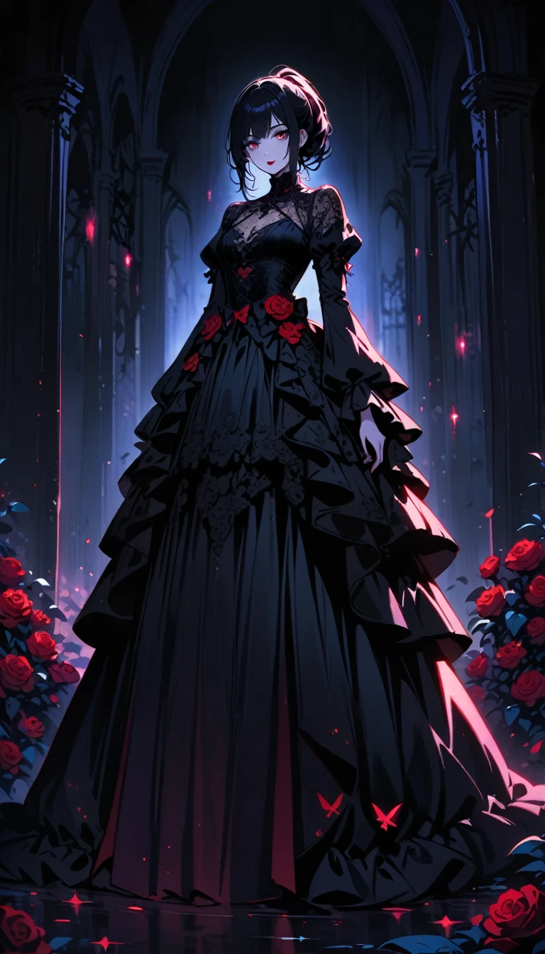 a gothic lolita girl,pale skin,red lips,porcelain doll-like face,intricate black lace Evening Dress,(whole body),Exquisite shoes,Thick stockings,ruffles,bows,high collar,long black hair,haunting gaze,dark fairy tale,dramatic lighting,moody atmosphere,cinematic,highly detailed,masterpiece