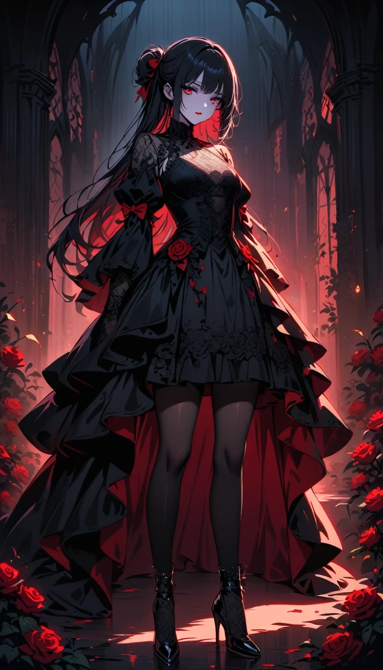 a gothic lolita girl,pale skin,red lips,porcelain doll-like face,intricate black lace Evening Dress,(whole body),Exquisite shoes,Thick stockings,ruffles,bows,high collar,long black hair,haunting gaze,dark fairy tale,dramatic lighting,moody atmosphere,cinematic,highly detailed,masterpiece