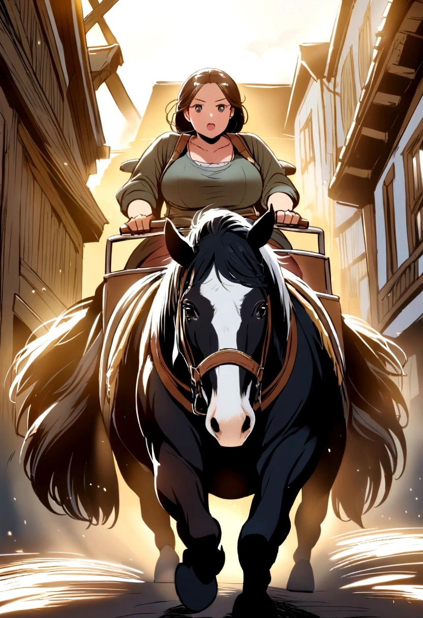 Shire horse and cart. full figured woman driving 