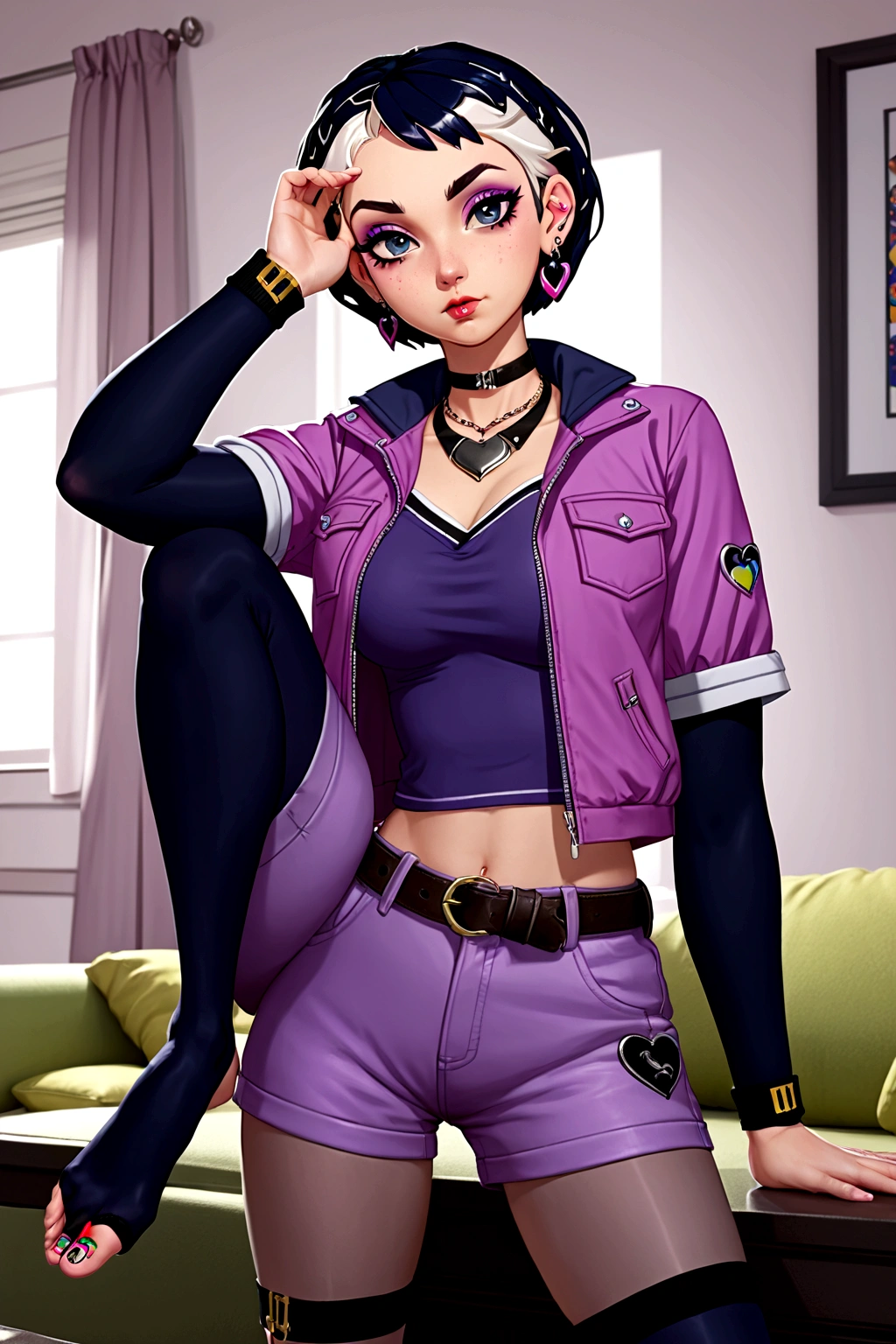 Clove, choker, black hair, blue eyes, short sleeve jacket,(layered sleeves),(very short hair,short over long sleeves), white sleeves,hair ornament,earrings,multicolored hair, jewelry, belt,makeup, short hair,eyeshadow, zipper, lips, black choker, two-tone hair, jacket, nose, pink hair, freckles, pink jacket, hood, (black pantyhose), pouch,open jacket, piercing, black shirt, eyeliner,gradient hair, shirt, thick eyebrows, ear piercing,heart, mascara, purple shorts,eyelashes,black legwear under shorts,short shorts, clovcos