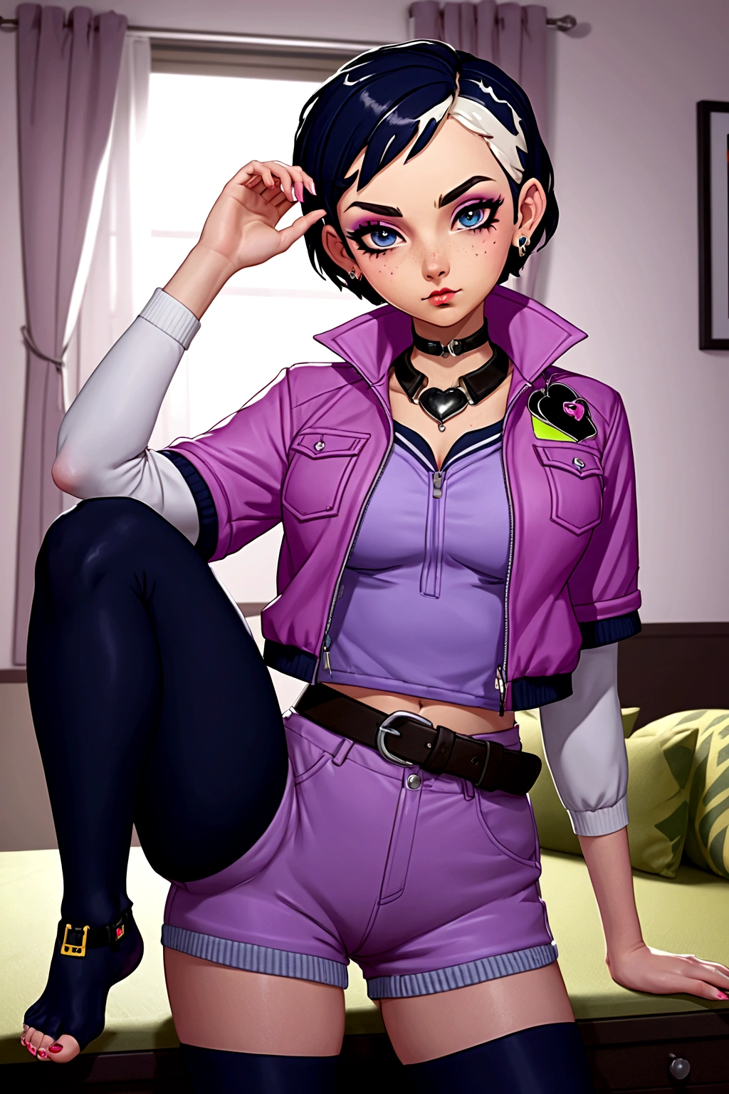 Clove, choker, black hair, blue eyes, short sleeve jacket,(layered sleeves),(very short hair,short over long sleeves), white sleeves,hair ornament,earrings,multicolored hair, jewelry, belt,makeup, short hair,eyeshadow, zipper, lips, black choker, two-tone hair, jacket, nose, pink hair, freckles, pink jacket, hood, (black pantyhose), pouch,open jacket, piercing, black shirt, eyeliner,gradient hair, shirt, thick eyebrows, ear piercing,heart, mascara, purple shorts,eyelashes,black legwear under shorts,short shorts, clovcos