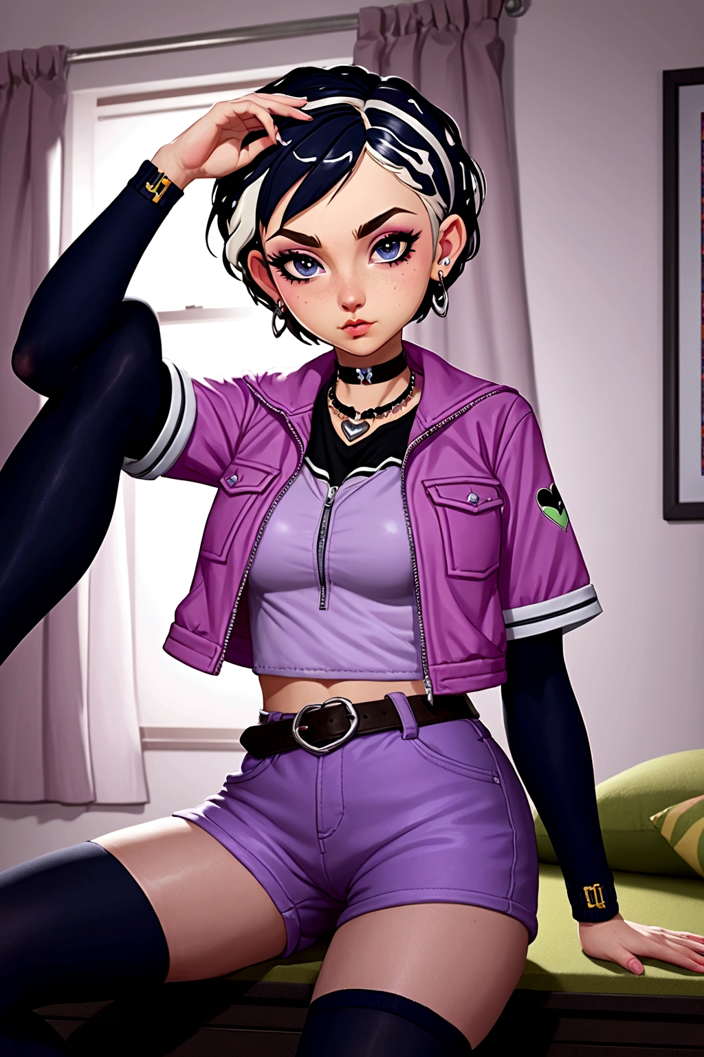 Clove, choker, black hair, blue eyes, short sleeve jacket,(layered sleeves),(very short hair,short over long sleeves), white sleeves,hair ornament,earrings,multicolored hair, jewelry, belt,makeup, short hair,eyeshadow, zipper, lips, black choker, two-tone hair, jacket, nose, pink hair, freckles, pink jacket, hood, (black pantyhose), pouch,open jacket, piercing, black shirt, eyeliner,gradient hair, shirt, thick eyebrows, ear piercing,heart, mascara, purple shorts,eyelashes,black legwear under shorts,short shorts, clovcos