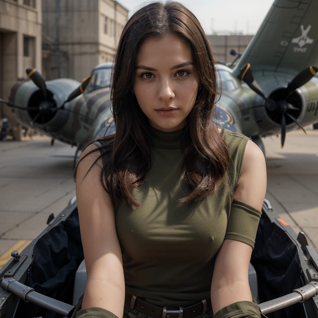 1girl in, 30 years old, Square face, Long hair, Looking at viewer, jewelry, Realistic, Sexy, military combat outfit, military weapon background tank-plane-cannon-gun, pose freedom for everyone