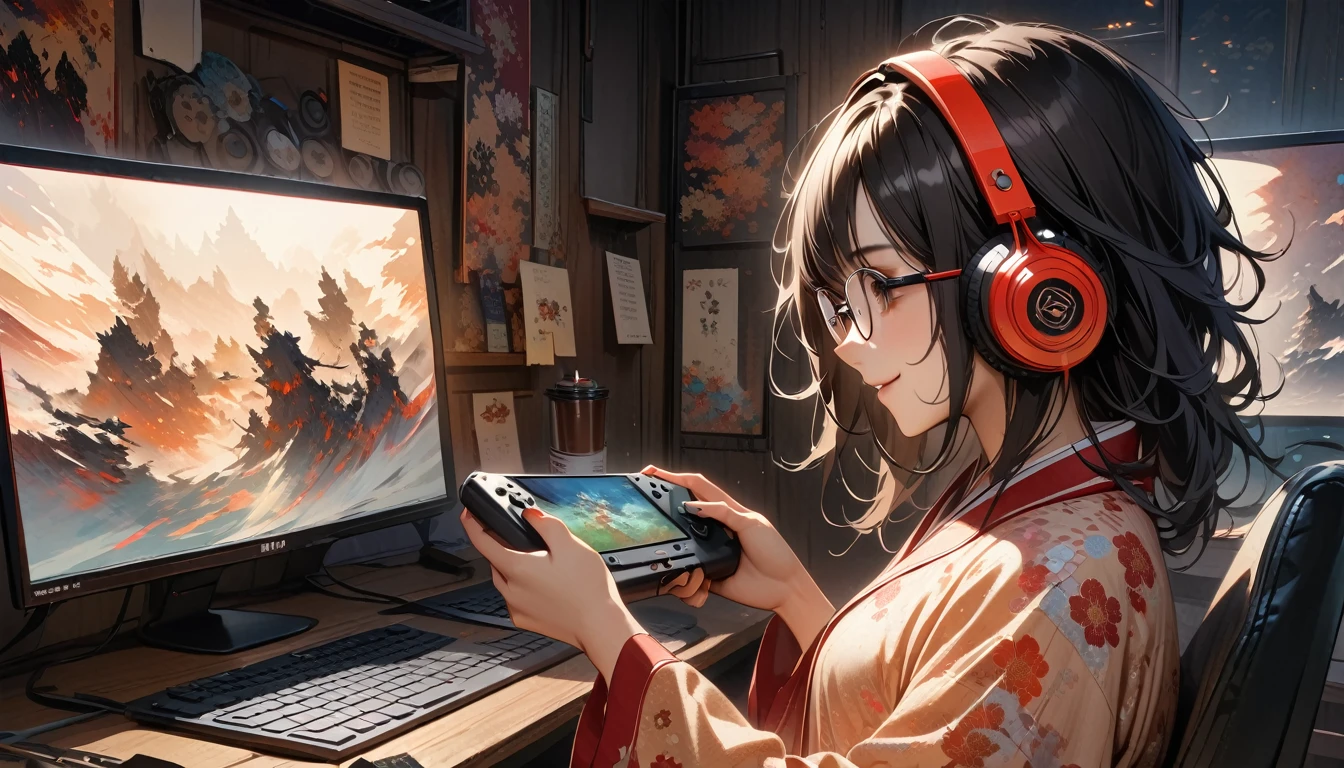 ((8k of extremely detailed CG unit, Masterpiece, high resolution, highest quality, highest quality real texture skin)), (((Japanese patterned pajamas))), (((Black-rimmed glasses))), (((Warm lighting room))), (((Japanese style headphones))), (((iced coffee))), (((Smiling and holding a controller while playing a computer game))), ((1 girl)), (Black hair, messy hair, beige skin), (Surreal, digital painting)