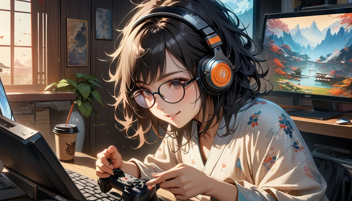((8k of extremely detailed CG unit, Masterpiece, high resolution, highest quality, highest quality real texture skin)), (((Japanese patterned pajamas))), (((Black-rimmed glasses))), (((Warm lighting room))), (((Japanese style headphones))), (((iced coffee))), (((Smiling and holding a controller while playing a computer game))), ((1 girl)), (Black hair, messy hair, beige skin), (Surreal, digital painting)