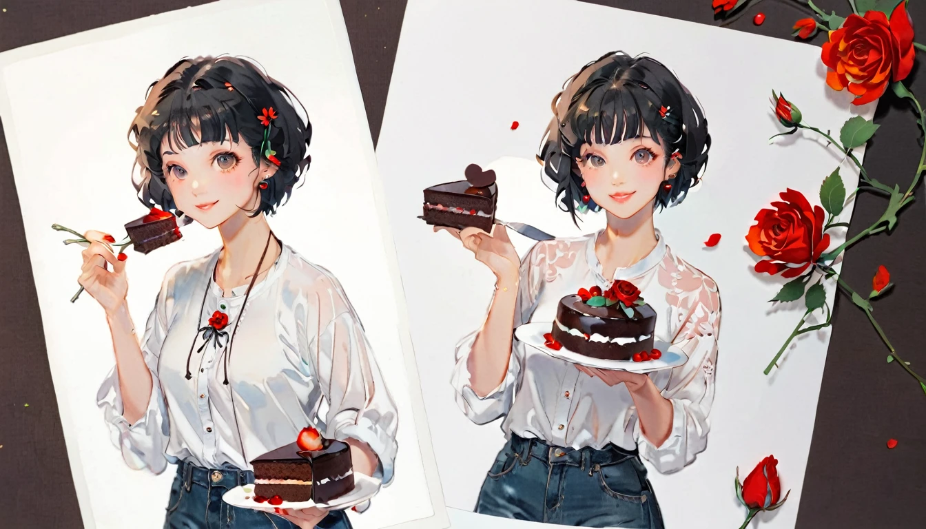 (((paper cutting style))), 1 girl, black hair, curry short hair, portfolio, shirts, denim, Chocolate cake,Rose,smile