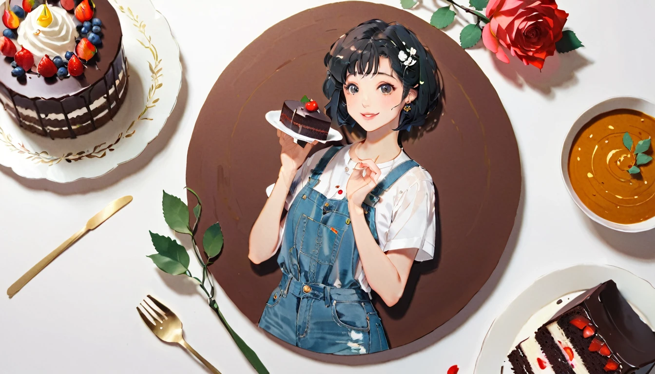 (((paper cutting style))), 1 girl, black hair, curry short hair, portfolio, shirts, denim, Chocolate cake，Rose，smile