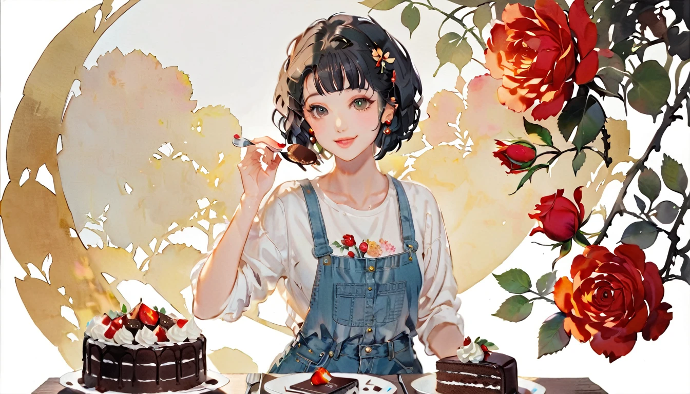 (((paper cutting style))), 1 girl, black hair, curry short hair, portfolio, shirts, denim, Chocolate cake,Rose,smile