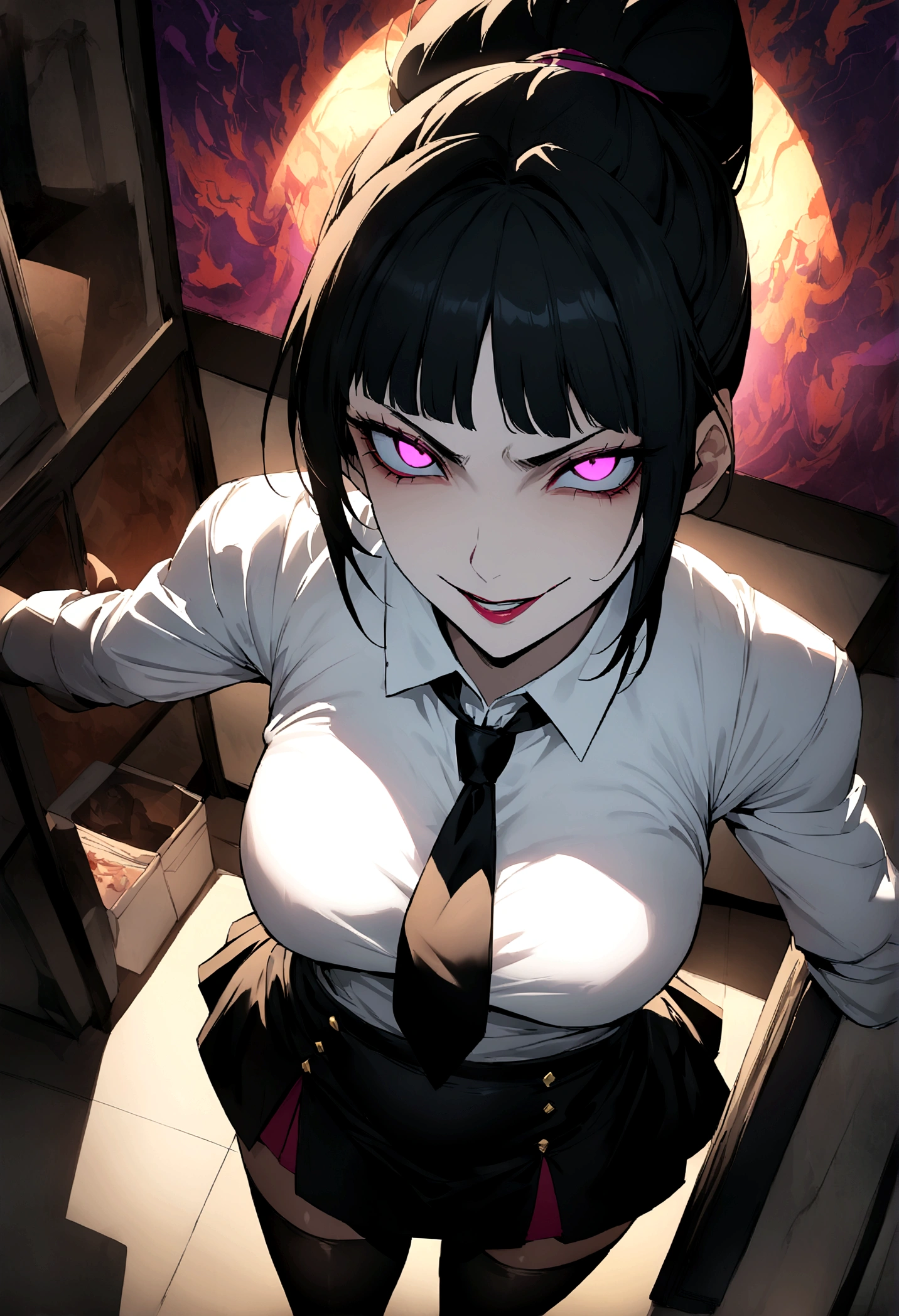 juri han, work of art, tight white secretary shirt with black tie, black high waist skirt, short skirt,stocking, black hair, black tights,evil smile,office,franja nos olhos,lighting,chifre de cabelos,view from above,olhando para cima