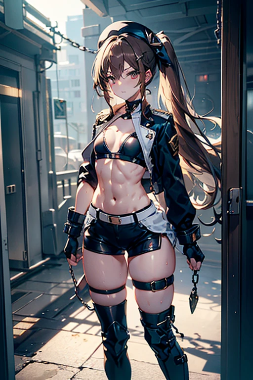 (small breasts:1.2), (perky chest:1.2), (pointed chest:1.2), dark bronde hair,long hair,side ponytail,hair ween eyes,bangs, BREAK (beret, black jacket, open clothes, cleavage, midriff, black shorts, black thighhighs, thigh strap, fingerless gloves, single glove:1.2), Photo,sharpness,hyper-realistic textures,spectacular light textures,(((Beautiful woman with left leg restrained and hung by chains))),Appearance,Beautiful girl with accentuated slender abs: 1.1,six-pack abs: 1.1, Bust Botox,Standing on tiptoe, long legs,Long brown hair fluttering in the wind,Brown hair, Long hair, Female Warrior Costume,(No panties,No bra),(tacticul battle fashion,elbow and knee tacticul battle fashion, battle glove: 1.1),((cute batre costume)),The belly comes out and the navel is visible,Thin sheer costume, combat gloves,shredded costumes,cyber long combat boots with golden knee pads,Anatomical,(futuristic sci-fi battle fashion, long boots, gloves: 1.1),(tied perfectly by iron chain), Restraint, Slaollars, contempt, (Chained), 4 chains hung from heaven, Metallic shackles and fetters, wet crotch clearly visible,((Hands are restrained above the head)), the neck is chained,Chain from left knee to heaven,Chained by silver chains,((the tip is protruding, areolas protruding,The shape of the pubic area is clearly visible:1.2)),Sweating,Wet,Wet crotch,Wet thighs,Junkyard, Realistic, (cute, perfect clothes, skimpy clothes, cute: 1.3) ((wide mirtary hospital with summer sunlight)), peeling ceilings, Rebar between,alistic material details, Extreme details, Ultra-realistic materials,narrow waist,(with sparkling eyes and a contagious smile:0.9), detailed clothes features, (perky chest:1.1), (pointed chest:1.3),looking at viewer,
