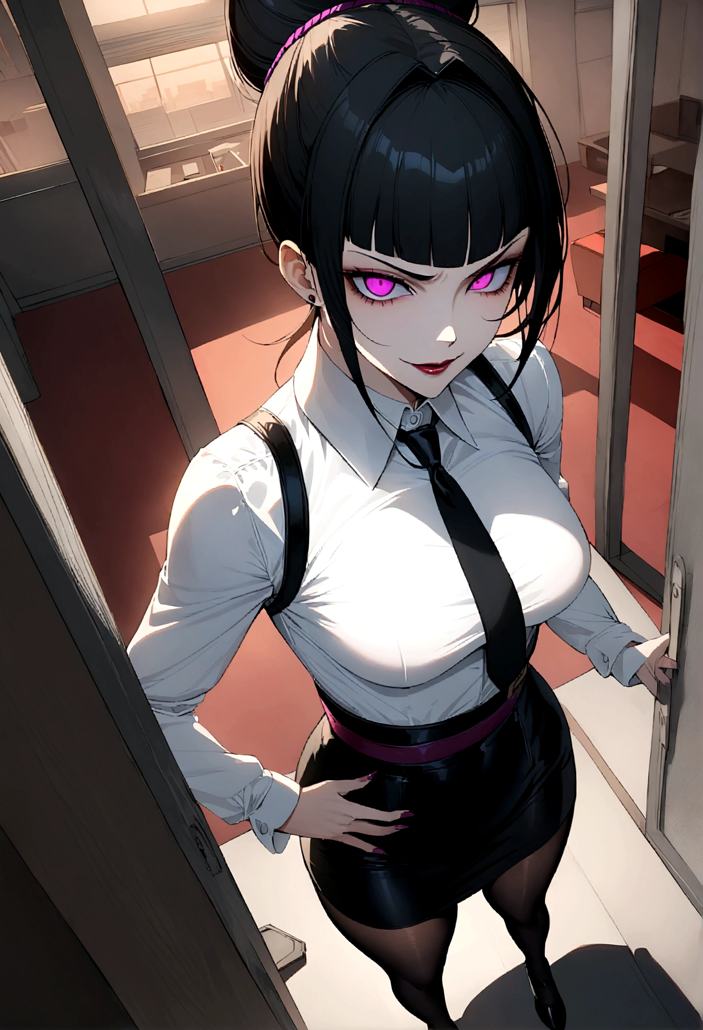 juri han, work of art, tight white secretary shirt with black tie, black high waist skirt, short skirt,stocking, black hair, black tights,evil smile,office,franja nos olhos,lighting,chifre de cabelos,view from above,olhando para cima