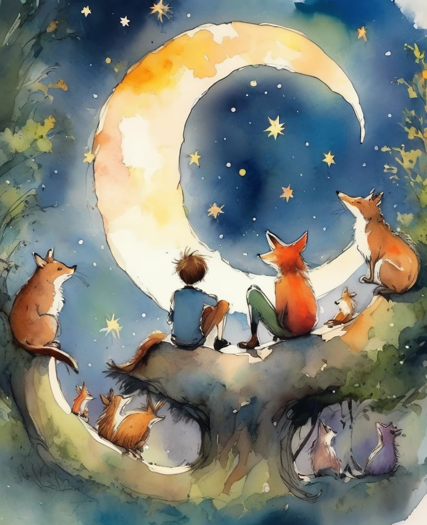 Quentin Blake style photo 、Sitting on a very large crescent moon watching fireworks、Forest Animals、Portraiture、High resolution、Sit down together、Highest quality、masterpiece、Very detailed