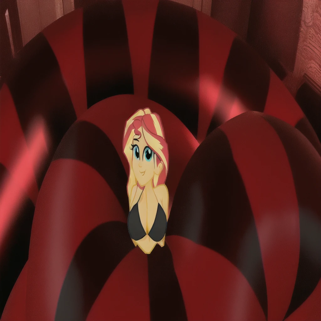 there is a cartoon picture of a woman in a red and black striped room, fan art, sunset!, dreamcore looking, pudica pose, bust shot, sun behind her, sitting in her room, sfw version, poppy, anthropomorphic mare, mlp fanart, barrel chested, pinky pie my little pony, high quality fanart, doing a hot majestic pose