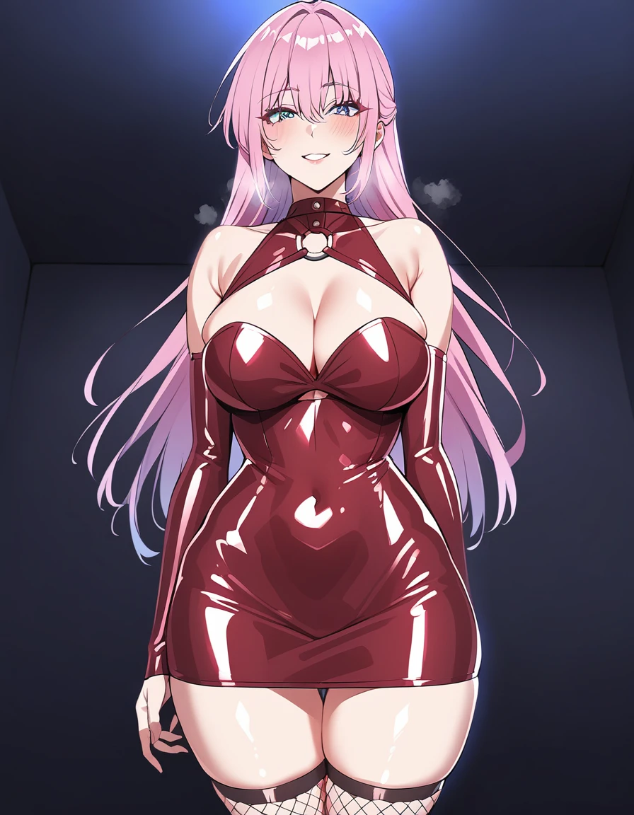 (sexy-style:1.3), 1girl, shikimorisan, pink hair, long hair, blue eyes, hair between eyes, bangs, blush, makeup, smile, breasts, tight, skin tight, heavy breathing, open clothes, (waist cutout), off shoulder, (bodycon), microdress, cleavage, thighs, latex, shiny clothes, elbow gloves, fishnet thighhighs, thong, (o-ring), looking at viewer, bare shoulders, sleeveless dress, no sleeve, dress, dark room, night, bedroom, cowboy shot, masterpiece, best quality   