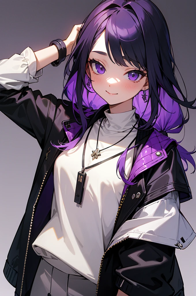 masterpiece,One girl,alone, A light smile, Metal Necklace, White shirt, Modern , accessories, Purple and black two-tone hair color, Unique Hairstyles, stylish, Black background、Jacket