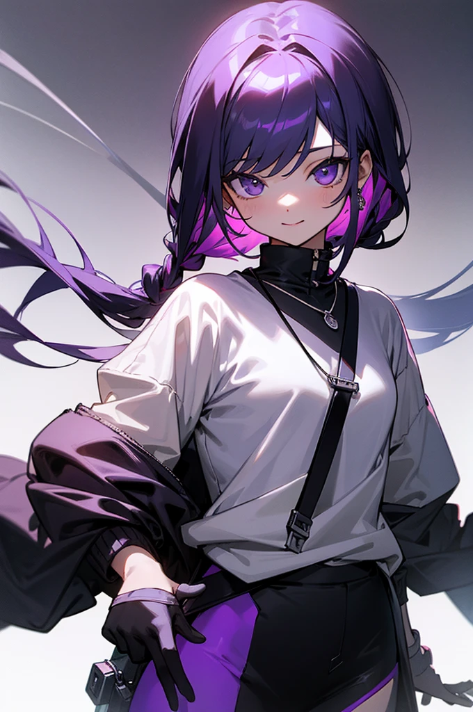 masterpiece,One girl,alone, A light smile, Metal Necklace, White shirt, Modern , accessories, Purple and black two-tone hair color, Unique Hairstyles, stylish, Black background、Jacket