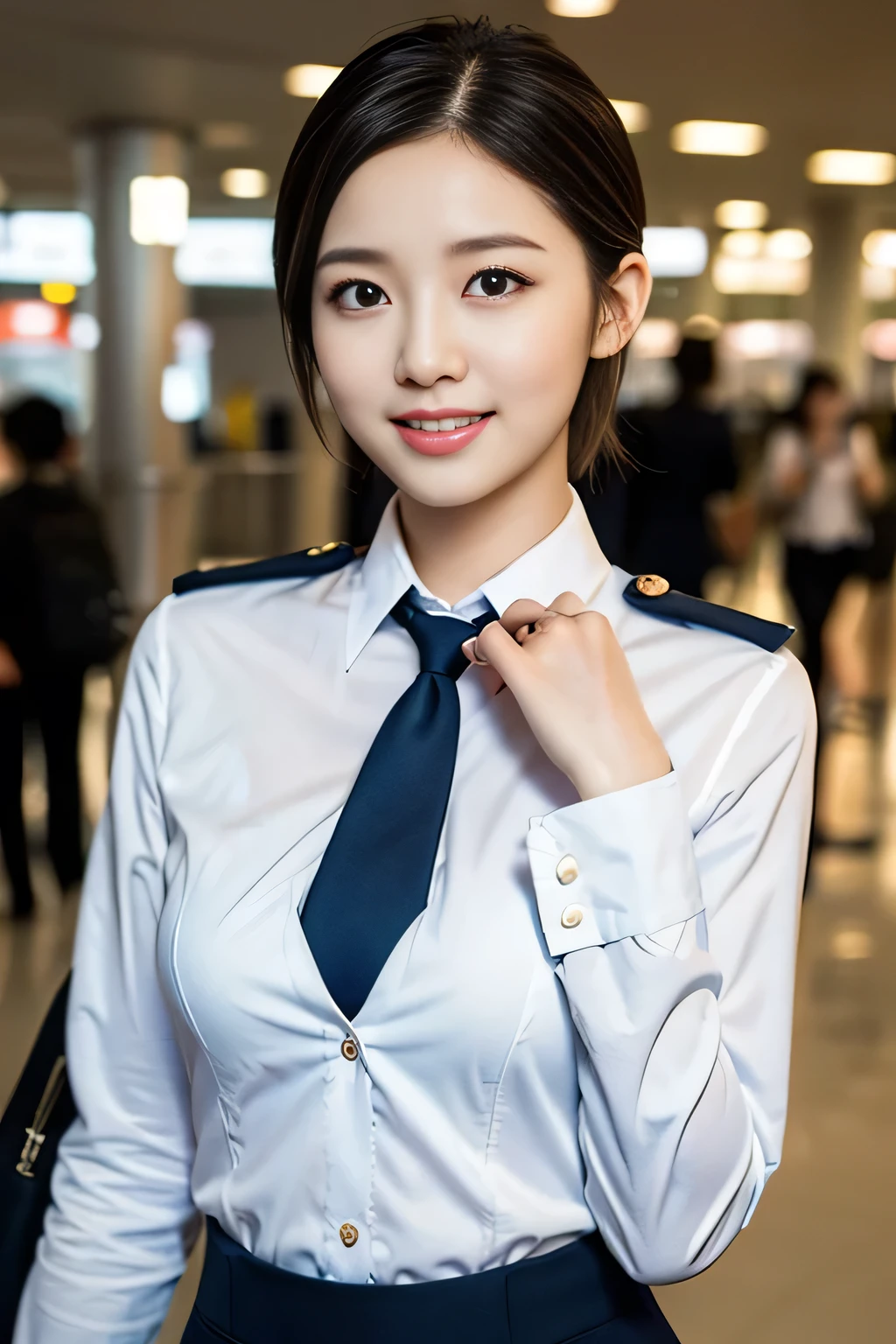 a gorgeous lady, age 21, Flight Attendant uniform, Shenzhen Airlines Stewardess，natural pose in airport, dimpled smile, short ponytail hair, short bob hair, cute snaggleteeth, well-endowed round bosom, photorealistic, beautiful detailed eyes, hyper-realism, high contrast, ultra HD, realistic skin textures, top image quality, top-quality, super high resolution, fine details, very meticulously, head to waist, bosom focus, bokeh background