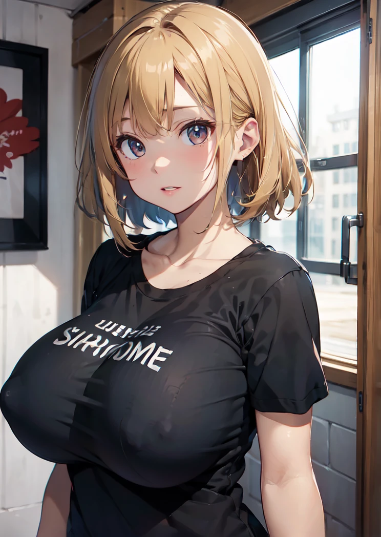 masterpiece、Super detailed、Highest quality、8K Illustration、(Plain T-shirt:1.3)、(Huge Tits:1.5)、(Married Woman:1.3)、Blonde short hair、Sexy lips、shame