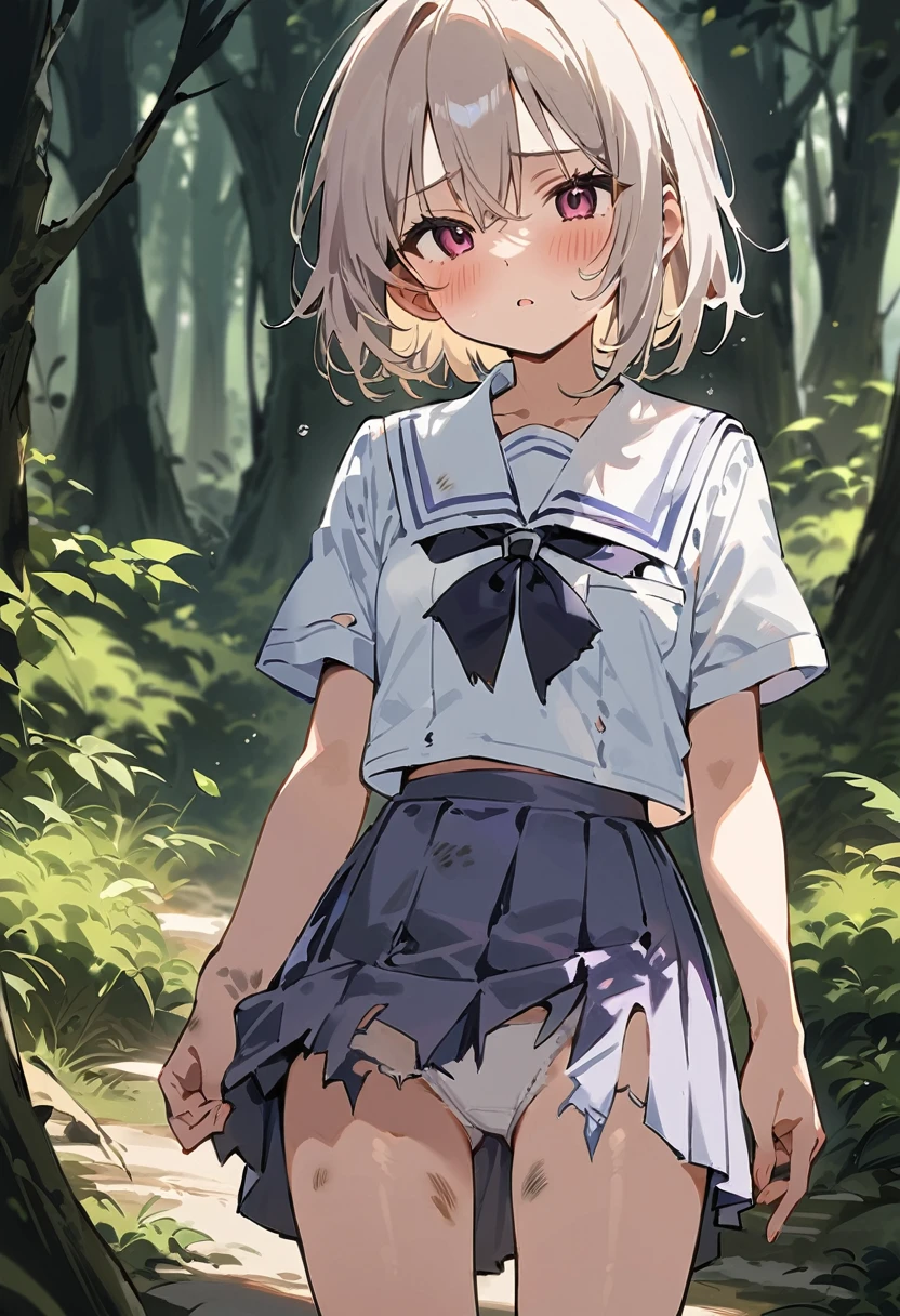 beautiful detailed girl,(masterpiece,best quality,extremely detailed:1.2),((cowboy shot:1.1)),(solo,,kawaii,slender,small breasts:1.25),(pained look:0.8),((white underwear) in ((Torn school uniform)):2),(dirty:2),blush,shy,weep,standing,(deep forest:1.5),(hug:0.4),rating: general, newest,Sexy face,(primitive:1.1)