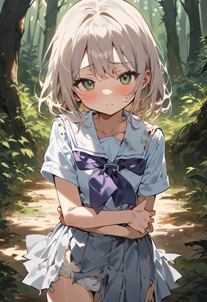 beautiful detailed girl,(masterpiece,best quality,extremely detailed:1.2),((cowboy shot:1.1)),(solo,s old,kawaii,slender,small breasts:1.25),(pained look:0.8),((white underwear) in ((Torn school uniform)):2),(dirty:2),blush,shy,weep,standing,(deep forest:1.5),(hug:0.4),rating: general, newest,Sexy face,(primitive:1.1)