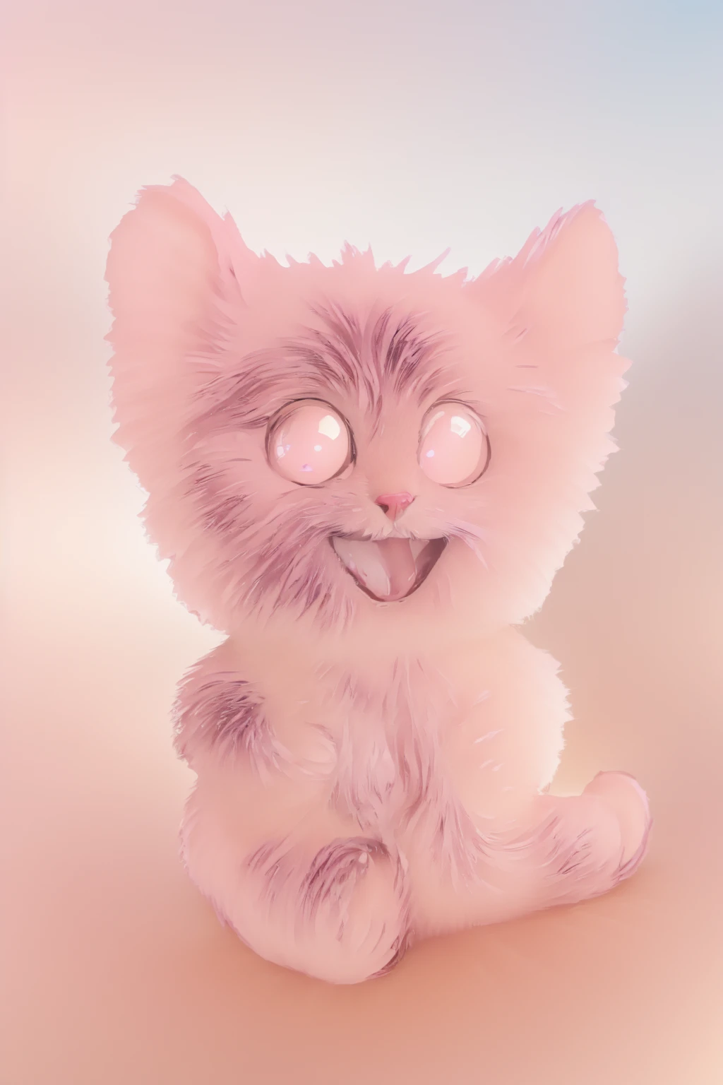   The image features asuper fluffy  cute pink cartoon cat with large expressive eyes and a cheerful smile, standing against a blue background, chubby cat, fluffy cat, pink cat, shiny pink cat, super fluffy 3d pink cat with bright gradient reflections,  beeple and jeremiah ketner, adorable digital painting, 3 d icon for mobile game, 3 d littlest pet shop cat, cat cat dreamcats, cat from the void, normal map, cute detailed digital art, cats cat dreamcats, cat. digital painting, cute 3 d render, multiple light sources, rim light, sharp post effects render, (fluffy fur texture with multiple big light probe refractions), perfect cgi, cgi art, smooth silhouette, high intensity refraction, (mesh material), most beautiful vfx, blue background, mesh refractions. It in 4k resolution, allowing viewers to immerse themselves in the richness of the colors and intricate details. The realistic rendering. under the spotlight, reflecting, high-resolution image, realistic rendering, dark background, and rim light photorealistic, The background is black