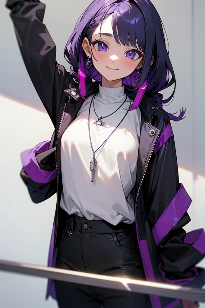 masterpiece,One girl,alone, A light smile, Metal Necklace, White shirt, Modern , accessories, Purple and black two-tone hair color, Unique Hairstyles, stylish, Jacket