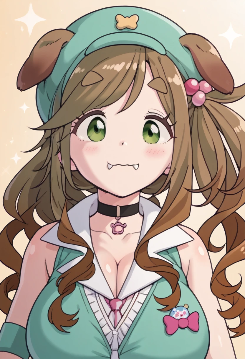 (Aoi Inuyama), (NSFW), thick eyebrows, long hair, fangs, skin fangs, brown hair), (green eyes), (side ponytail), (hair ornament), (hair bobble), (best quality), ( dog ears), (brown dog ears), (floppy ears), (Wonder Puppy Cosplay), (choker), (Crop top), (paw gloves), (brown gloves), (brown cufflinks), (fluffy cuffs),(drawers),(fur leg warmers),(brown leg warmers),(dog tail),(brown tail),(sleeveless),
(blush), (ahegao), (climax), (futanari), (erect penis), (ejaculation), (watery eyes),