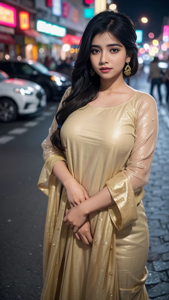 (((desi girl))), chubby face, natural skin, wearing hot deep neck top and dupatta, charming black hair, ((hair ends are blonde)), city streets background, bokeh