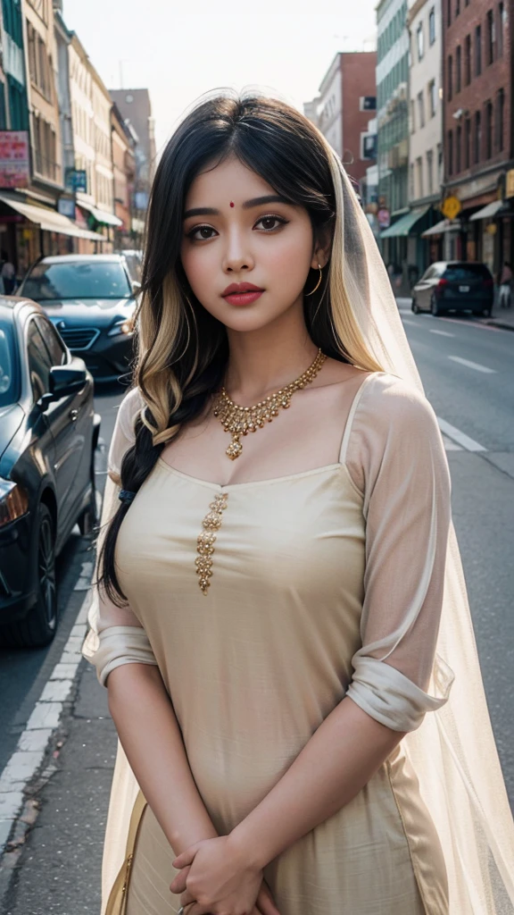 (((desi girl))), chubby face, natural skin, wearing hot deep neck top and dupatta, charming black hair, ((hair ends are blonde)), city streets background, bokeh